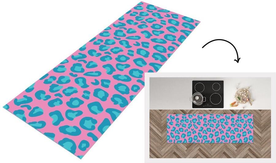 KitchenYeah Keukenloper Loper keuken Panterprint Blauw Roze Patronen 180x60 cm Keukenloper vinyl