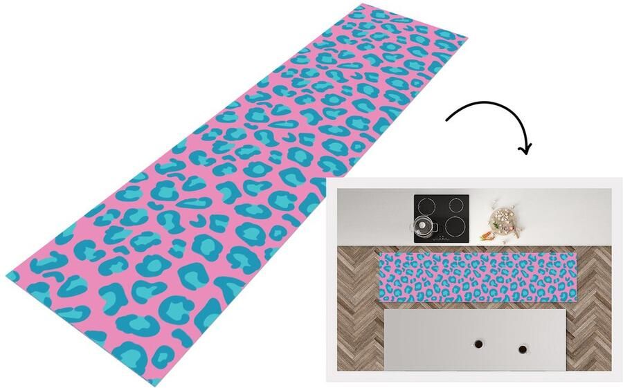 KitchenYeah Keukenloper Loper keuken Panterprint Blauw Roze Patronen 240x60 cm Keukenloper vinyl