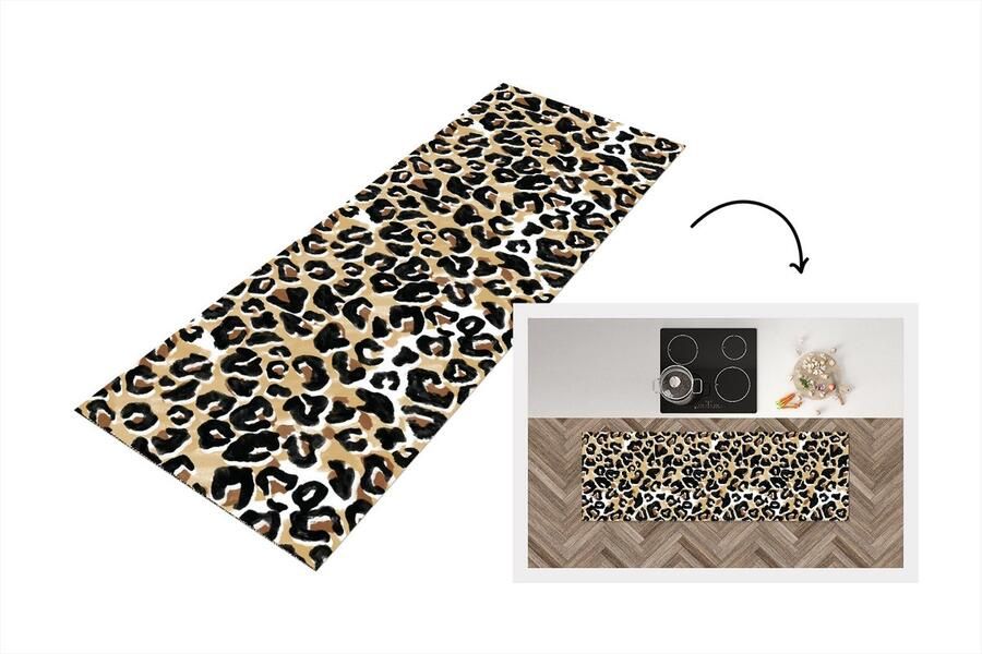 KitchenYeah Keukenloper Loper keuken Panterprint Bruin Zwart Waterverf 180x60 cm Keukenloper vinyl