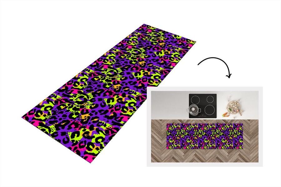 KitchenYeah Keukenloper Loper keuken Panterprint Neon Paars Geel 150x50 cm Keukenloper vinyl