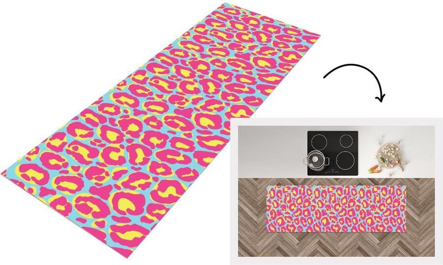 KitchenYeah Keukenloper Loper keuken Panterprint Roze Geel Patroon 150x50 cm Keukenloper vinyl