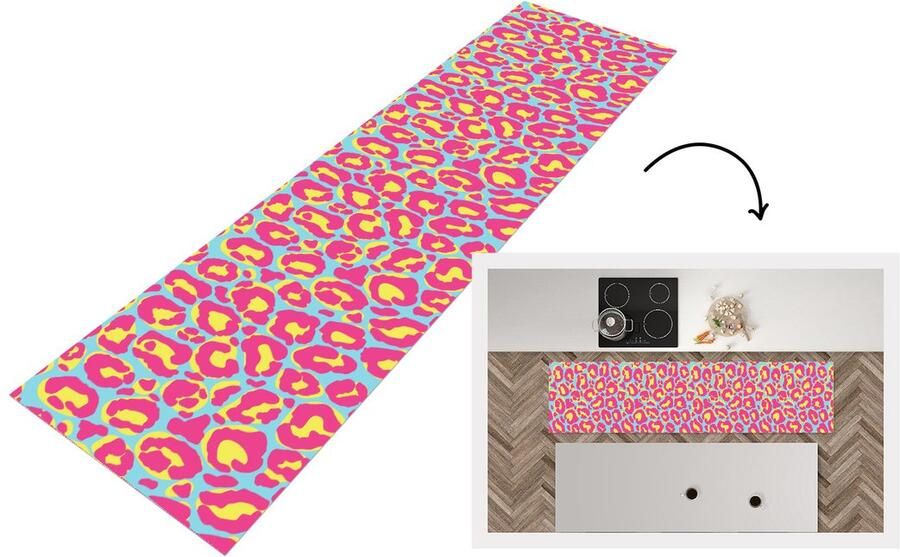 KitchenYeah Keukenloper Loper keuken Panterprint Roze Geel Patroon 200x50 cm Keukenloper vinyl
