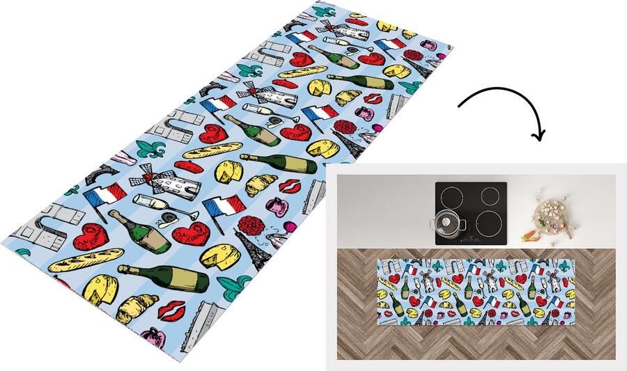 KitchenYeah Keukenloper Loper keuken Parijs Patronen Frankrijk 180x60 cm Keukenloper vinyl