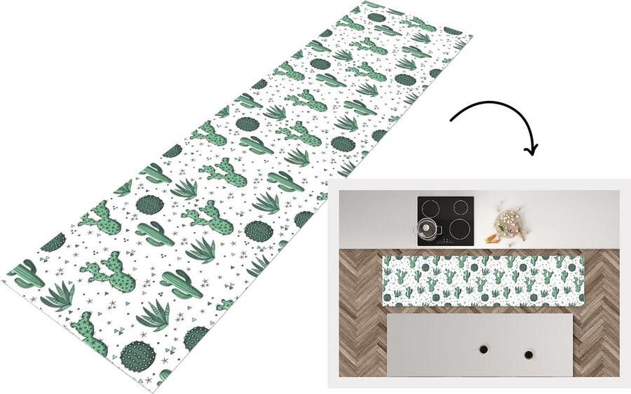 KitchenYeah Keukenloper Loper keuken Patronen Cactus Planten Vetplant 200x50 cm Keukenloper vinyl