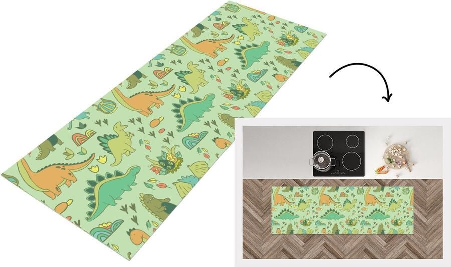 KitchenYeah Keukenloper Loper keuken Patronen Dino Groen 180x60 cm Keukenloper vinyl