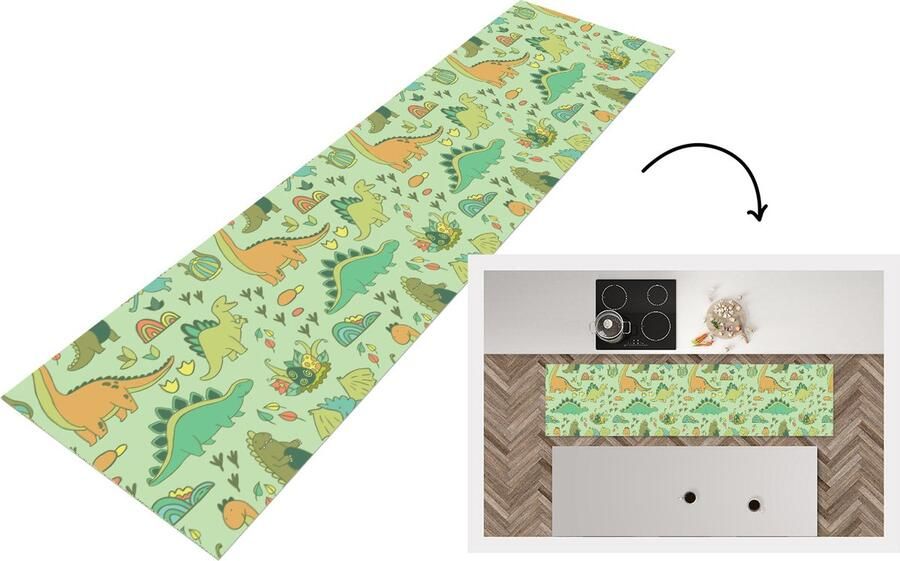 KitchenYeah Keukenloper Loper keuken Patronen Dino Groen 240x60 cm Keukenloper vinyl