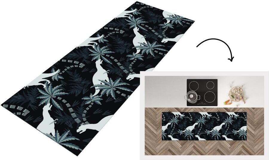 KitchenYeah Keukenloper Loper keuken Patronen Dino Jungle 180x60 cm Keukenloper vinyl