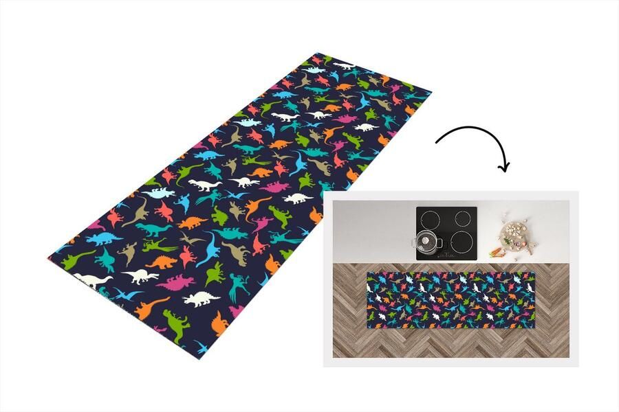 KitchenYeah Keukenloper Loper keuken Patronen Dino Kleuren 180x60 cm Keukenloper vinyl