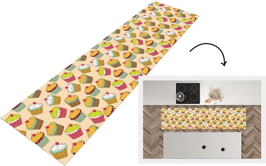 KitchenYeah Keukenloper Loper keuken Patronen Eten Cupcake 240x60 cm Keukenloper vinyl