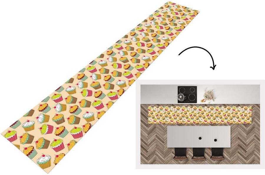 KitchenYeah Keukenloper Loper keuken Patronen Eten Cupcake 300x50 cm Keukenloper vinyl