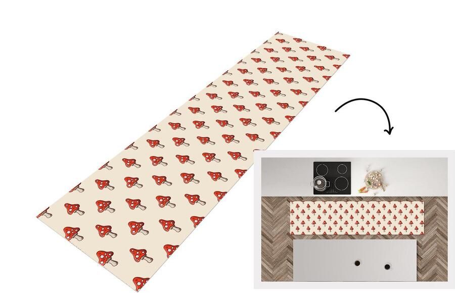 KitchenYeah Keukenloper Loper keuken Patronen Herfst Paddenstoel Rood 240x60 cm Keukenloper vinyl