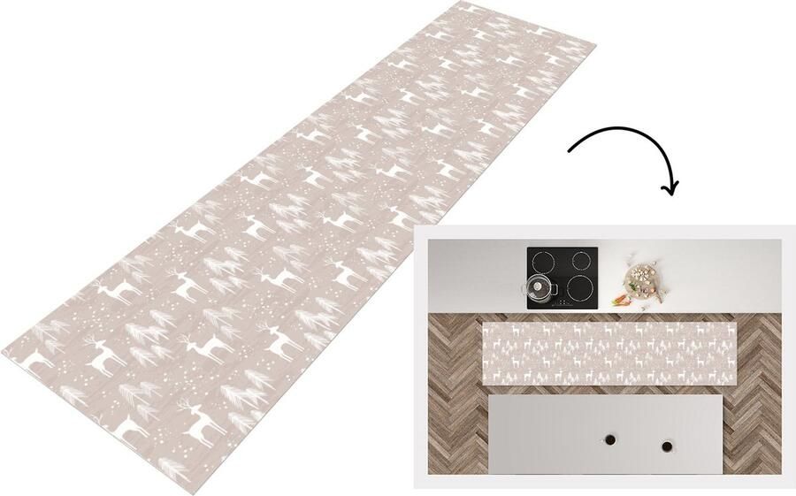 KitchenYeah Keukenloper Loper keuken Patronen Hert Wit Beige 240x60 cm Keukenloper vinyl