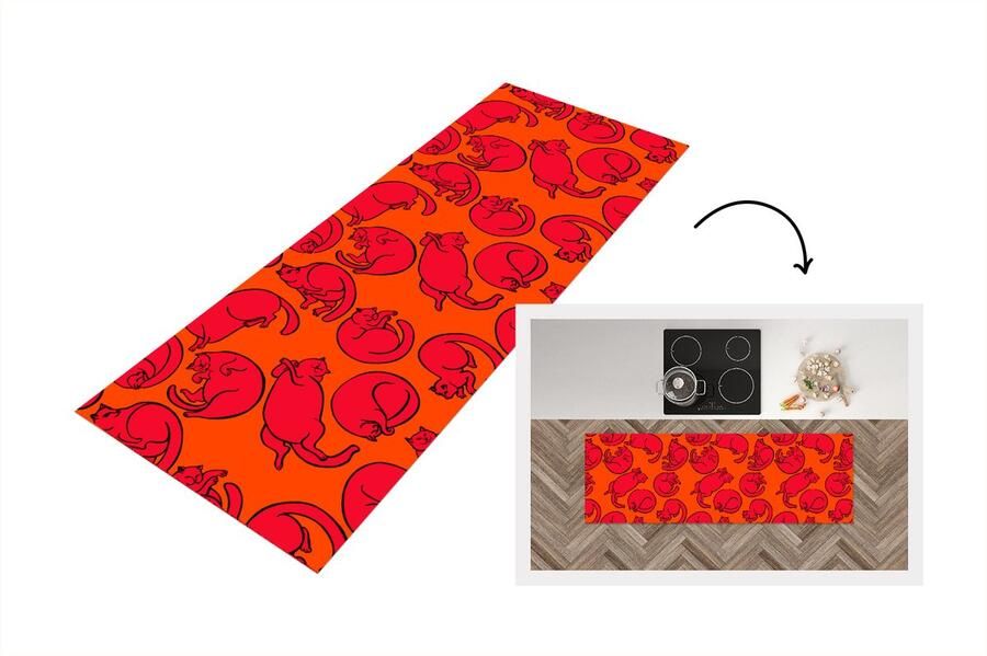 KitchenYeah Keukenloper Loper keuken Patronen Kat Oranje 180x60 cm Keukenloper vinyl