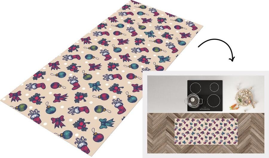 KitchenYeah Keukenloper Loper keuken Patronen Kerst Kerstballen Strik 120x50 cm Keukenloper vinyl