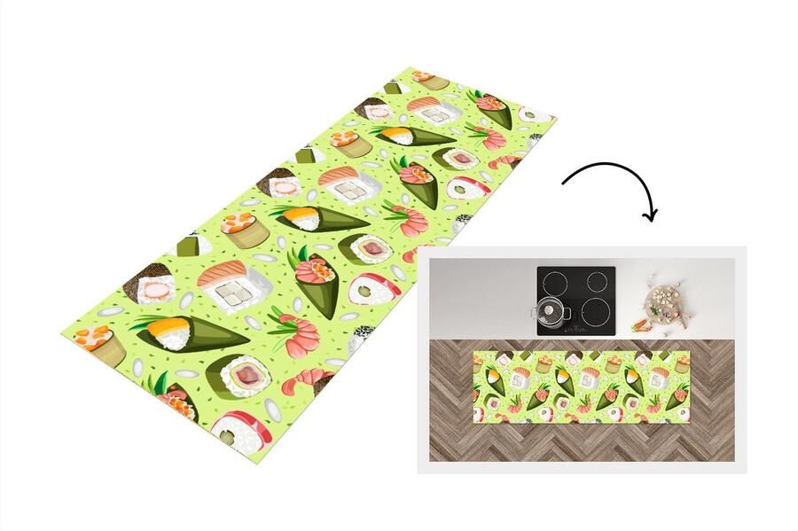 KitchenYeah Keukenloper Loper keuken Patronen Sushi Japan Groen 180x60 cm Keukenloper vinyl