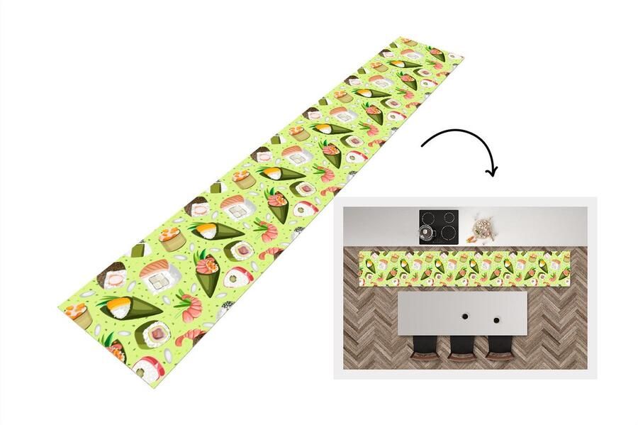 KitchenYeah Keukenloper Loper keuken Patronen Sushi Japan Groen 300x50 cm Keukenloper vinyl