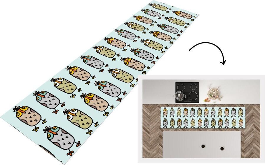 KitchenYeah Keukenloper Loper keuken Patronen Uil Blauw 200x50 cm Keukenloper vinyl