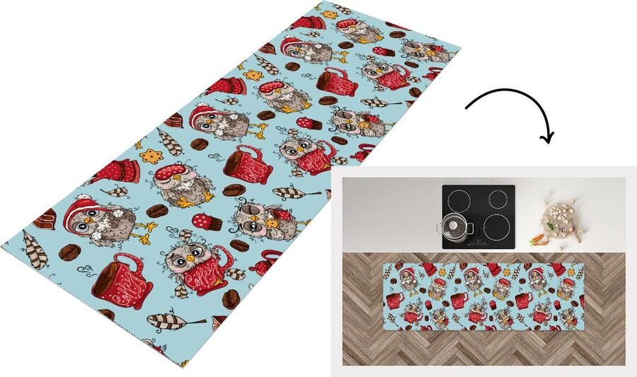 KitchenYeah Keukenloper Loper keuken Patronen Uil Ontbijt 150x50 cm Keukenloper vinyl