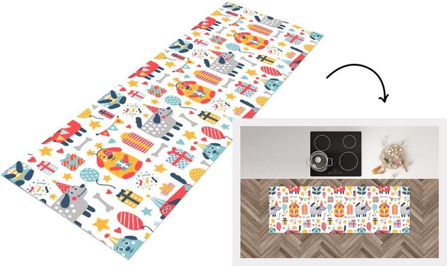 KitchenYeah Keukenloper Loper keuken Patronen Verjaardag Hond 180x60 cm Keukenloper vinyl