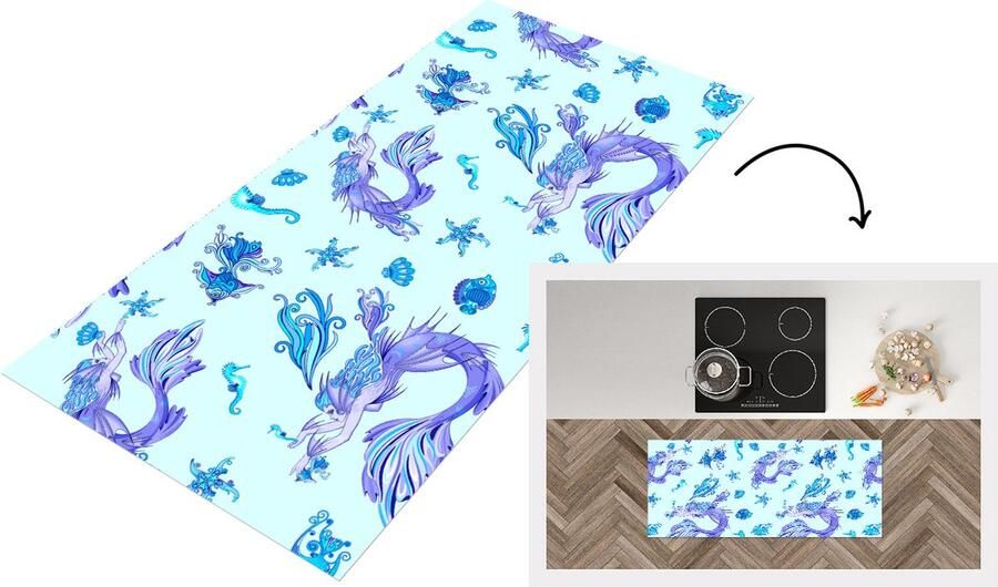 KitchenYeah Keukenloper Loper keuken Patronen Vis Zeemeermin Mermaid 120x50 cm Keukenloper vinyl