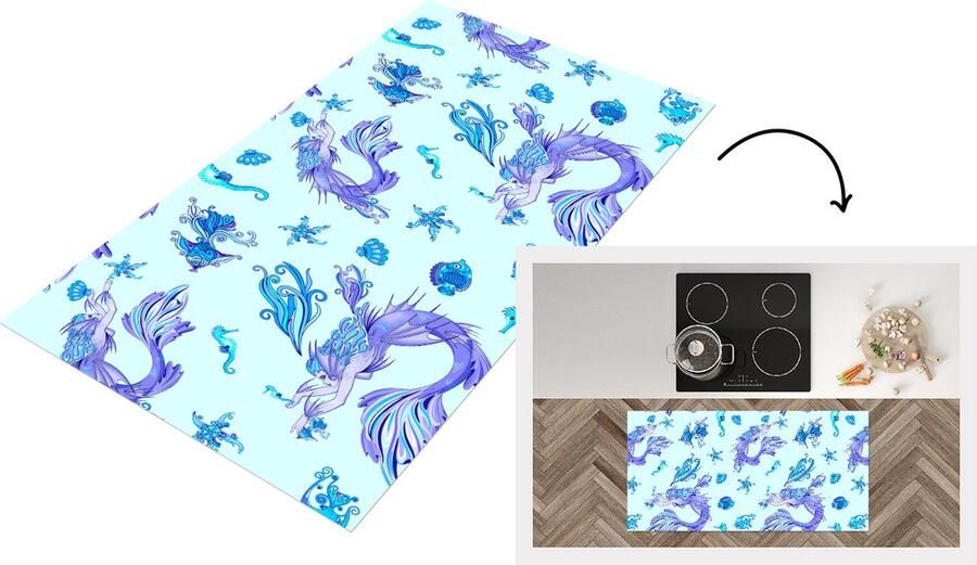 KitchenYeah Keukenloper Loper keuken Patronen Vis Zeemeermin Mermaid 120x60 cm Keukenloper vinyl