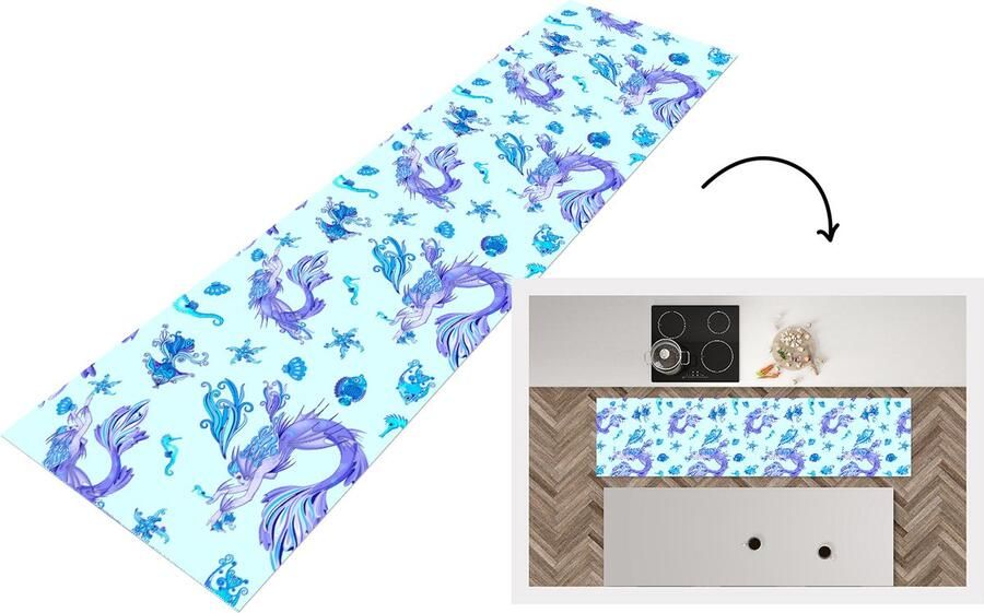 KitchenYeah Keukenloper Loper keuken Patronen Vis Zeemeermin Mermaid 240x60 cm Keukenloper vinyl