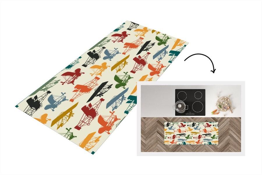 KitchenYeah Keukenloper Loper keuken Patronen Vliegtuig Retro 120x50 cm Keukenloper vinyl