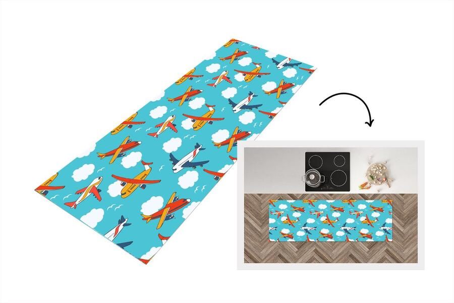 KitchenYeah Keukenloper Loper keuken Patronen Vliegtuig Wolk Lucht 150x50 cm Keukenloper vinyl