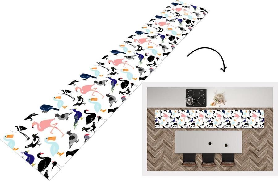 KitchenYeah Keukenloper Keukenmat Patronen Vogel Flamingo 360x60 cm Keuken vloerkleed