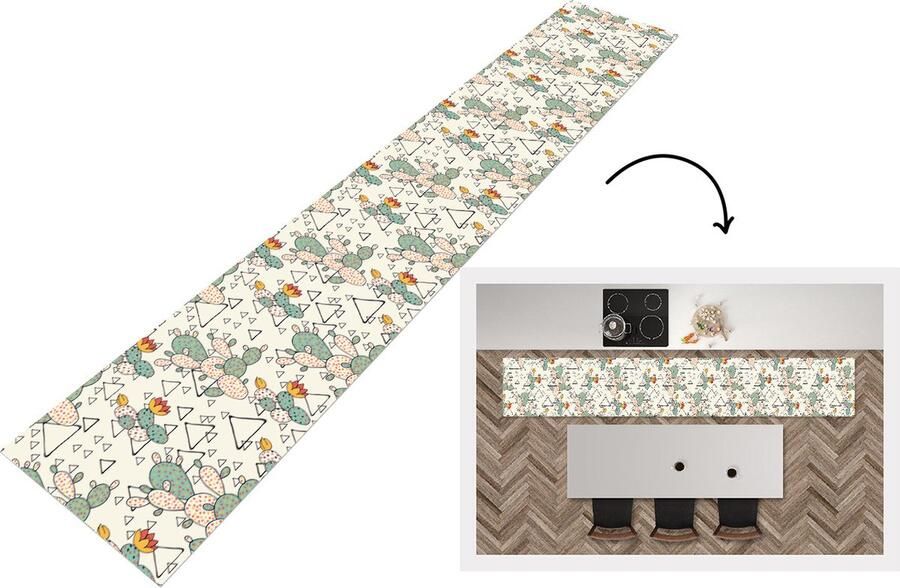 KitchenYeah Keukenloper Keukenmat Patroon Cactus Driehoek 360x60 cm Keuken vloerkleed
