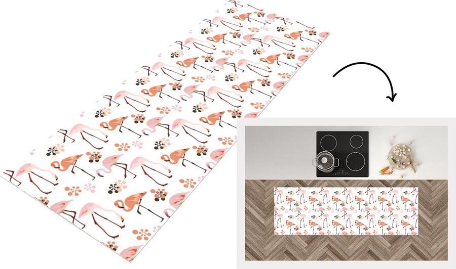 KitchenYeah Keukenloper Loper keuken Patroon Flamingo Bloemen 150x50 cm Keukenloper vinyl
