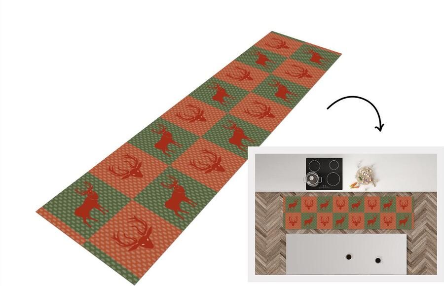 KitchenYeah Keukenloper Loper keuken Patroon Hert Groen Rood 200x50 cm Keukenloper vinyl