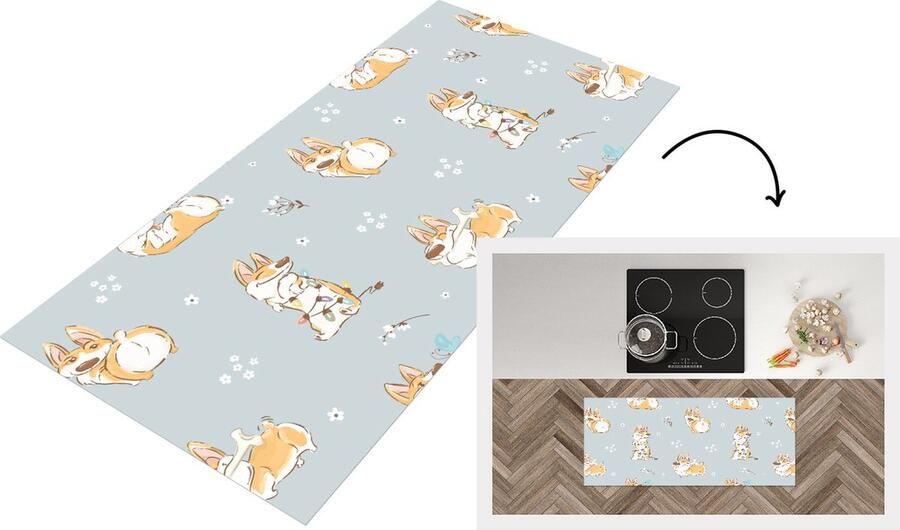 KitchenYeah Keukenloper Loper keuken Patroon Hond Corgi 120x50 cm Keukenloper vinyl