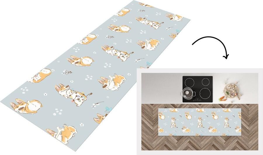 KitchenYeah Keukenloper Loper keuken Patroon Hond Corgi 150x50 cm Keukenloper vinyl