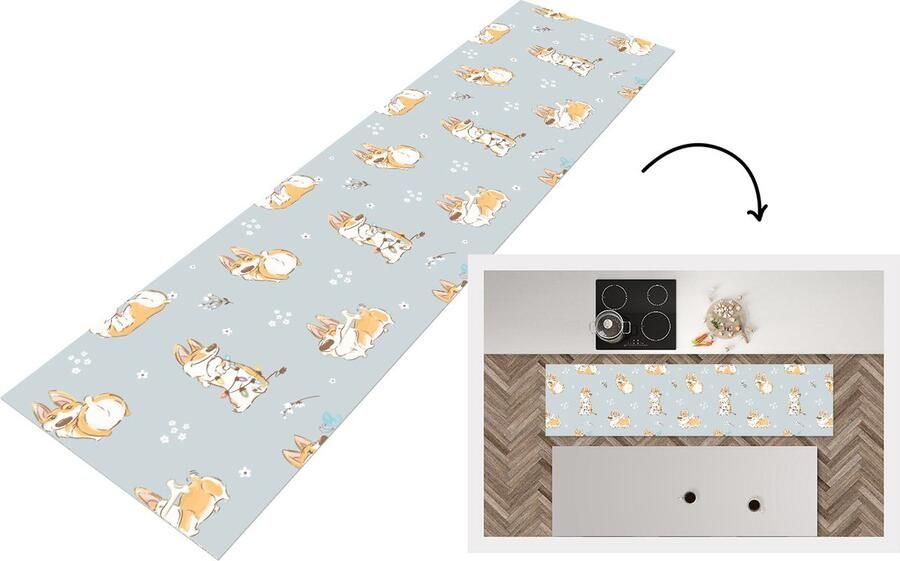 KitchenYeah Keukenloper Loper keuken Patroon Hond Corgi 200x50 cm Keukenloper vinyl