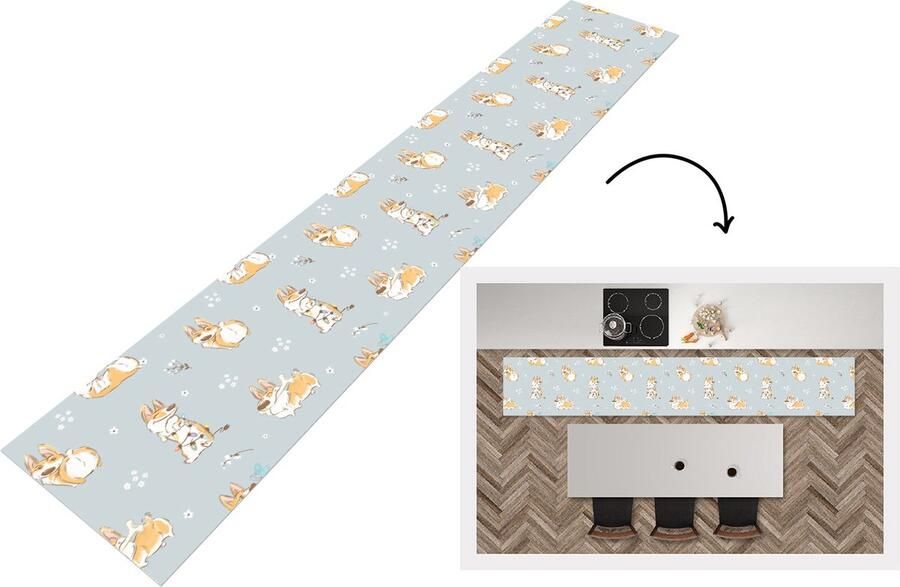 KitchenYeah Keukenloper Keukenmat Patroon Hond Corgi 360x60 cm Keuken vloerkleed