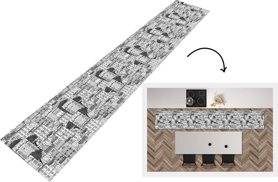 KitchenYeah Keukenloper Keukenmat Patroon Huizen Steden 360x60 cm Keuken vloerkleed