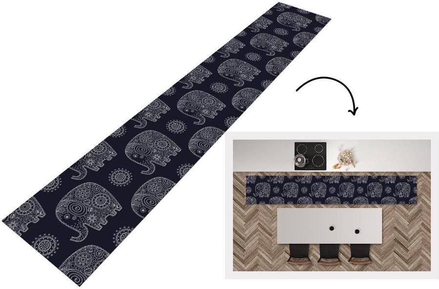KitchenYeah Keukenloper Keukenmat Patroon Olifant Bloemen 360x60 cm Keuken vloerkleed