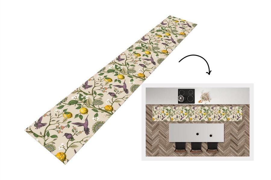 KitchenYeah Keukenloper Keukenmat Patroon Vogel Planten Fruit 360x60 cm Keuken vloerkleed