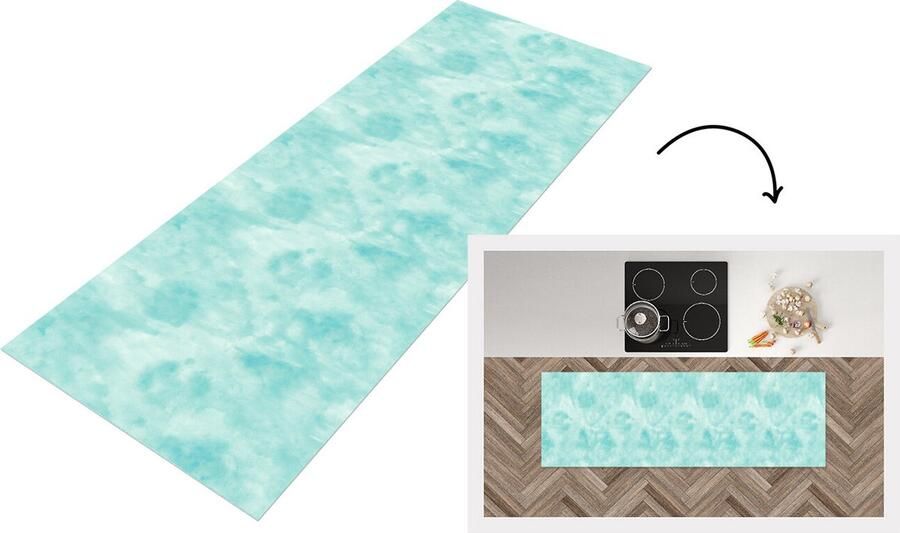 KitchenYeah Keukenloper Loper keuken Patroon Waterverf Turquoise 180x60 cm Keukenloper vinyl
