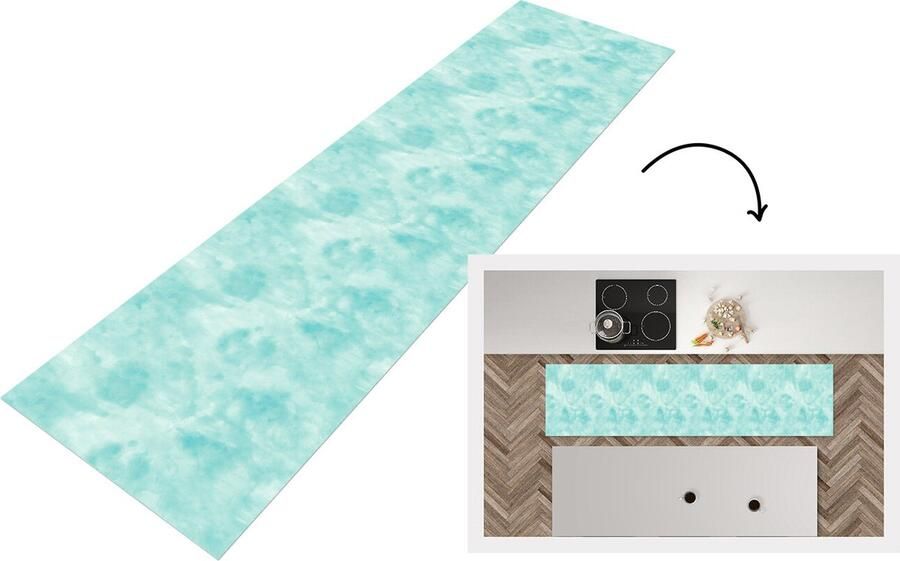 KitchenYeah Keukenloper Loper keuken Patroon Waterverf Turquoise 240x60 cm Keukenloper vinyl