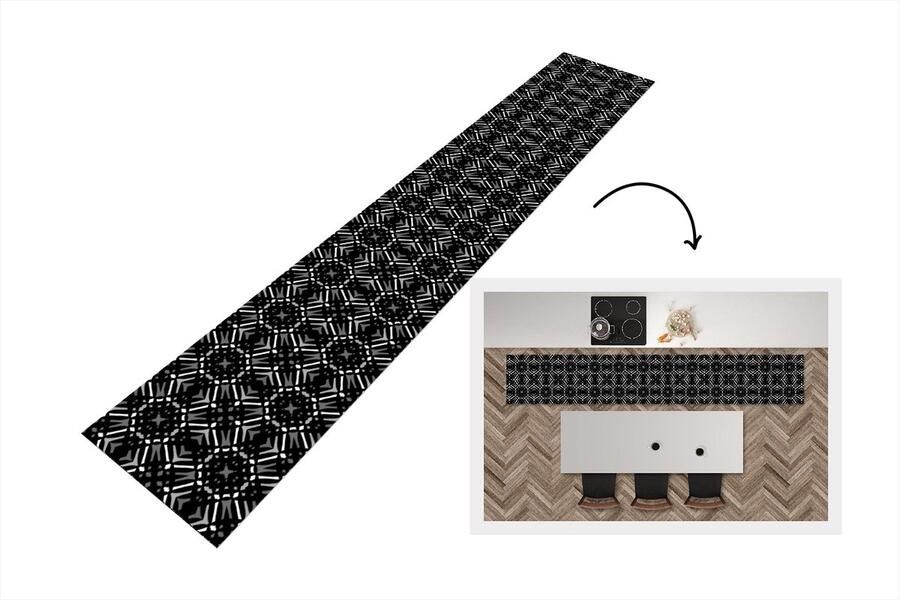 KitchenYeah Keukenloper Keukenmat Patroon Zwart Wit Geometrie 360x60 cm Keuken vloerkleed