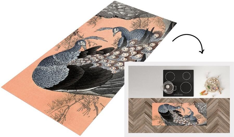 KitchenYeah Keukenloper Loper keuken Pauwenveren Vintage Japans Pauw 120x50 cm Keukenloper vinyl