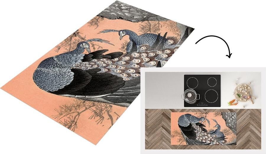 KitchenYeah Keukenloper Loper keuken Pauwenveren Vintage Japans Pauw 120x60 cm Keukenloper vinyl