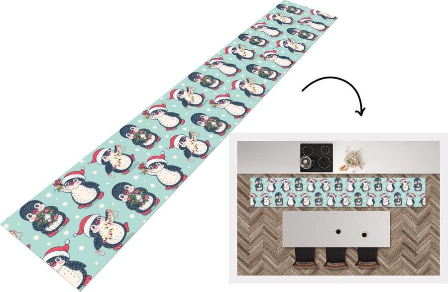 KitchenYeah Keukenloper Keukenmat Pinguïn Lichtsnoer Kerstkrans Patronen 360x60 cm Keuken vloerkleed
