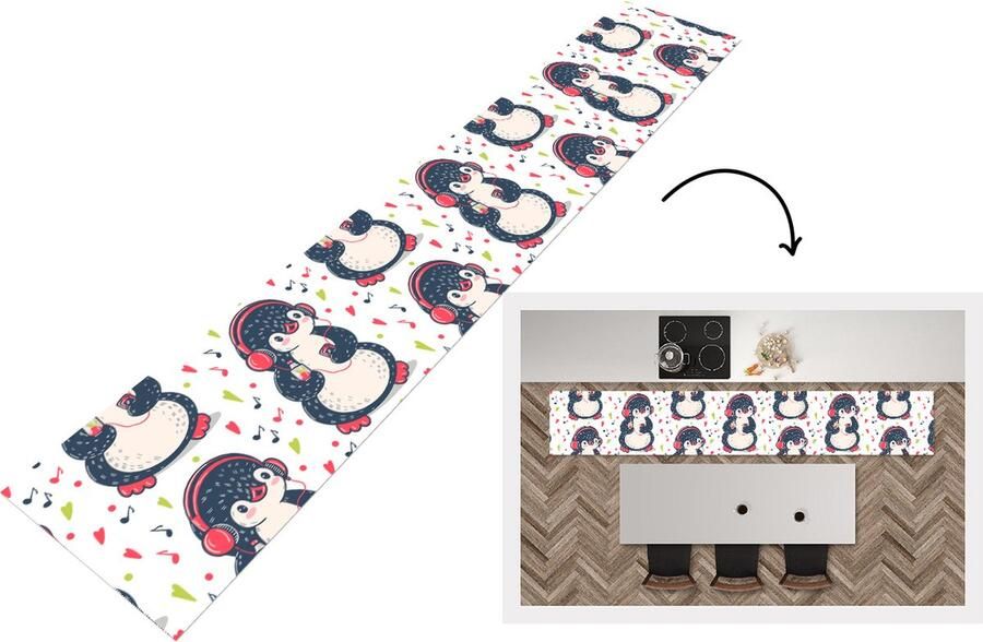 KitchenYeah Keukenloper Keukenmat Pinguïn Muziek Koptelefoon Kinderen Patroon 360x60 cm Keuken vloerkleed