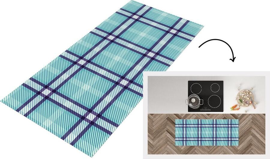 KitchenYeah Keukenloper Loper keuken Plaid Blauw Patronen Schotse ruit 120x50 cm Keukenloper vinyl