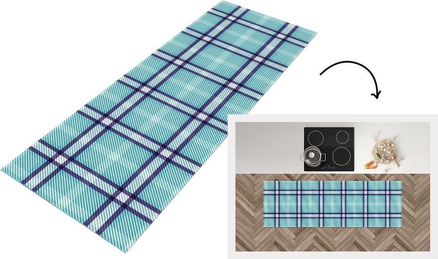 KitchenYeah Keukenloper Loper keuken Plaid Blauw Patronen Schotse ruit 150x50 cm Keukenloper vinyl