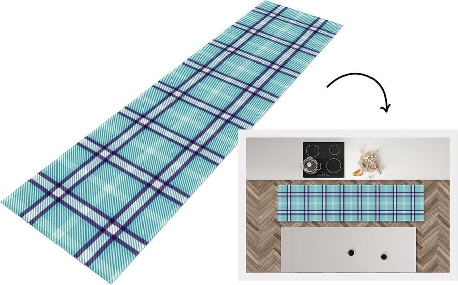 KitchenYeah Keukenloper Loper keuken Plaid Blauw Patronen Schotse ruit 200x50 cm Keukenloper vinyl