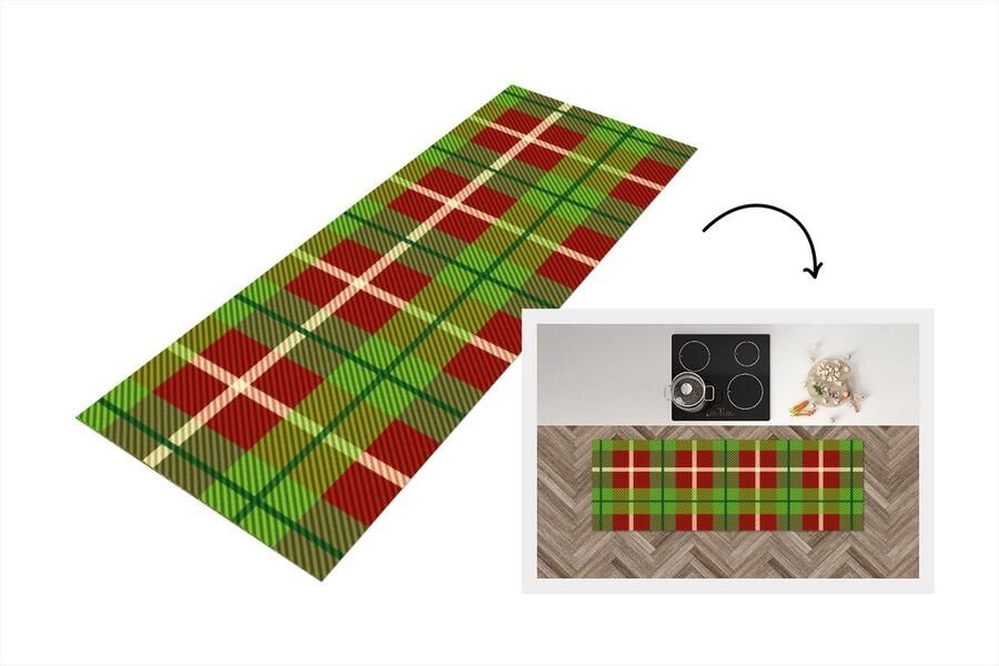 KitchenYeah Keukenloper Loper keuken Plaid groen Patronen Kerstmis 150x50 cm Keukenloper vinyl